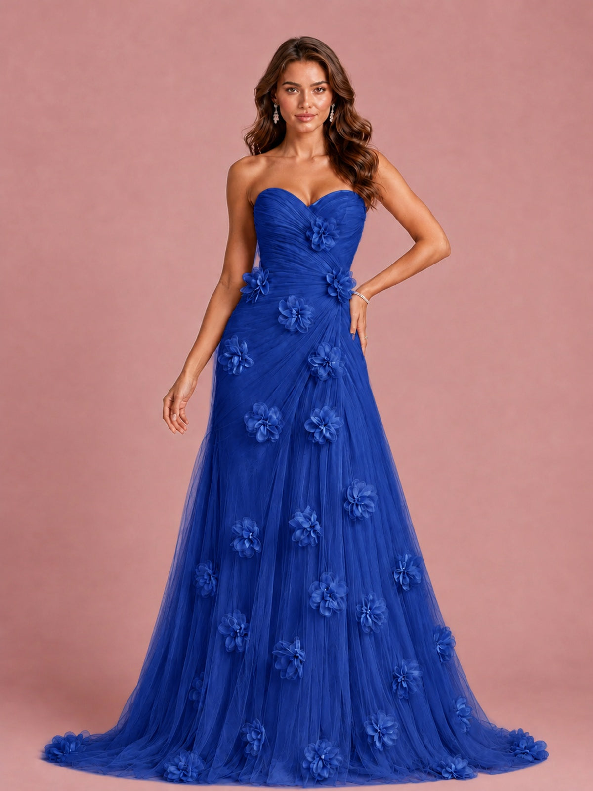 3D Floral Applique Strapless Tulle Prom Dress with High Slit