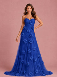 3D Floral Applique Strapless Tulle Prom Dress with High Slit
