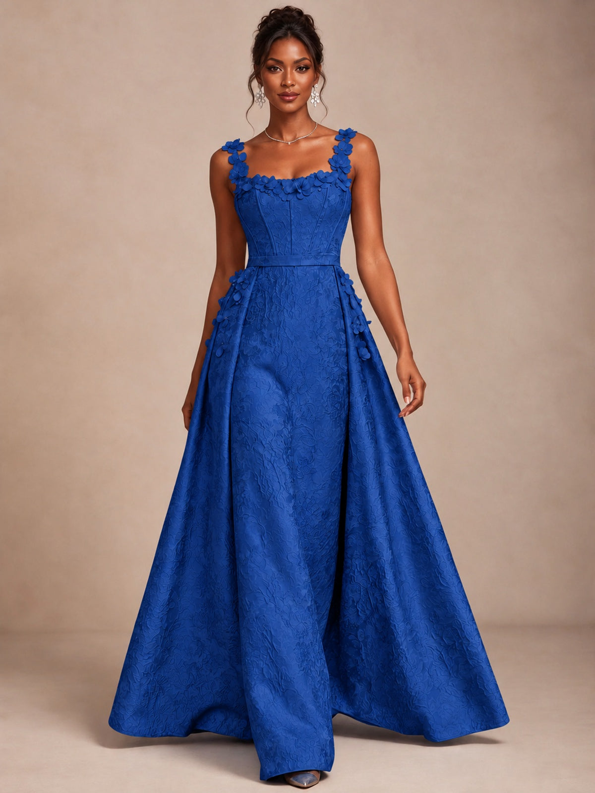 Light Blue 3D Floral Jacquard Prom Dress with Detachable Overskirt Corset Gown