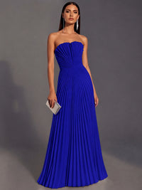 Royal Blue Strapless Pleated Satin Prom Dress Long Formal Gown Evening Dress