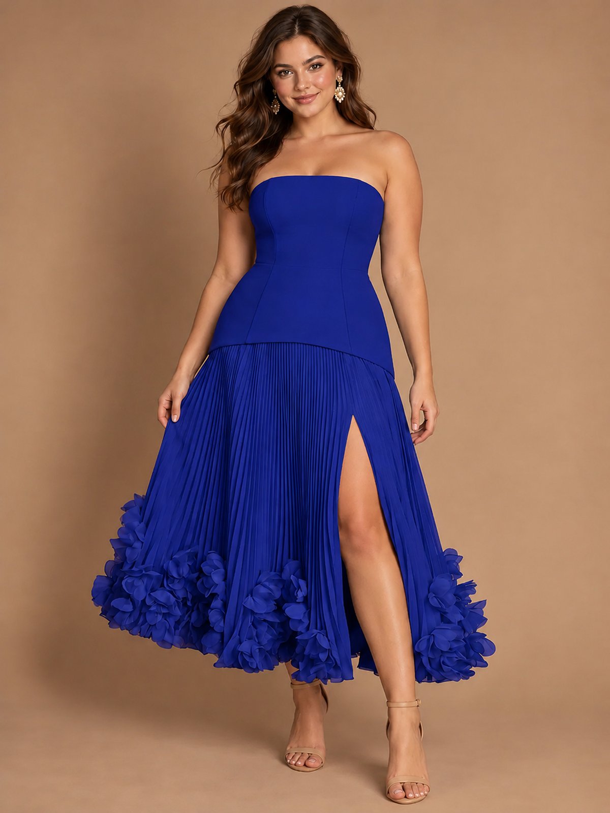 Navy Blue Strapless Pleated A-Line Midi Dress with 3D Floral Applique