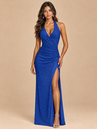 Halter V-Neck Sequin Mermaid Prom Dress with High Slit