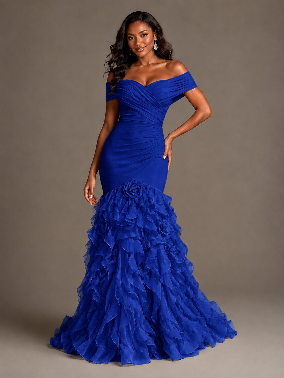 Pink Off-the-Shoulder Mermaid Prom Dress with Ruffles 3D Flowers