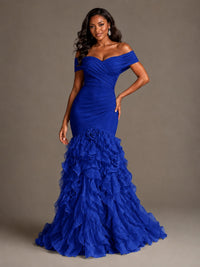 Pink Off-the-Shoulder Mermaid Prom Dress with Ruffles 3D Flowers