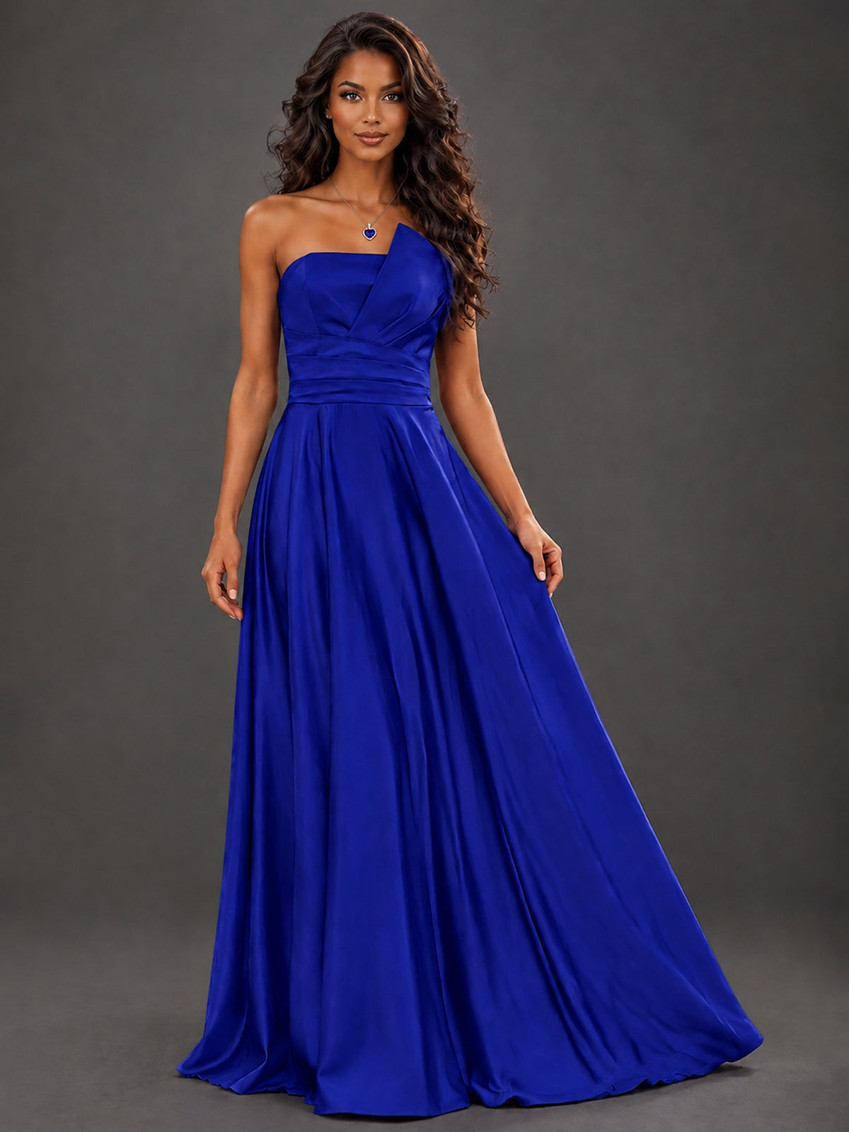 Draped Satin Prom Dress Strapless A-line Formal Dress Floor Length
