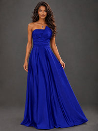 Draped Satin Prom Dress Strapless A-line Formal Dress Floor Length