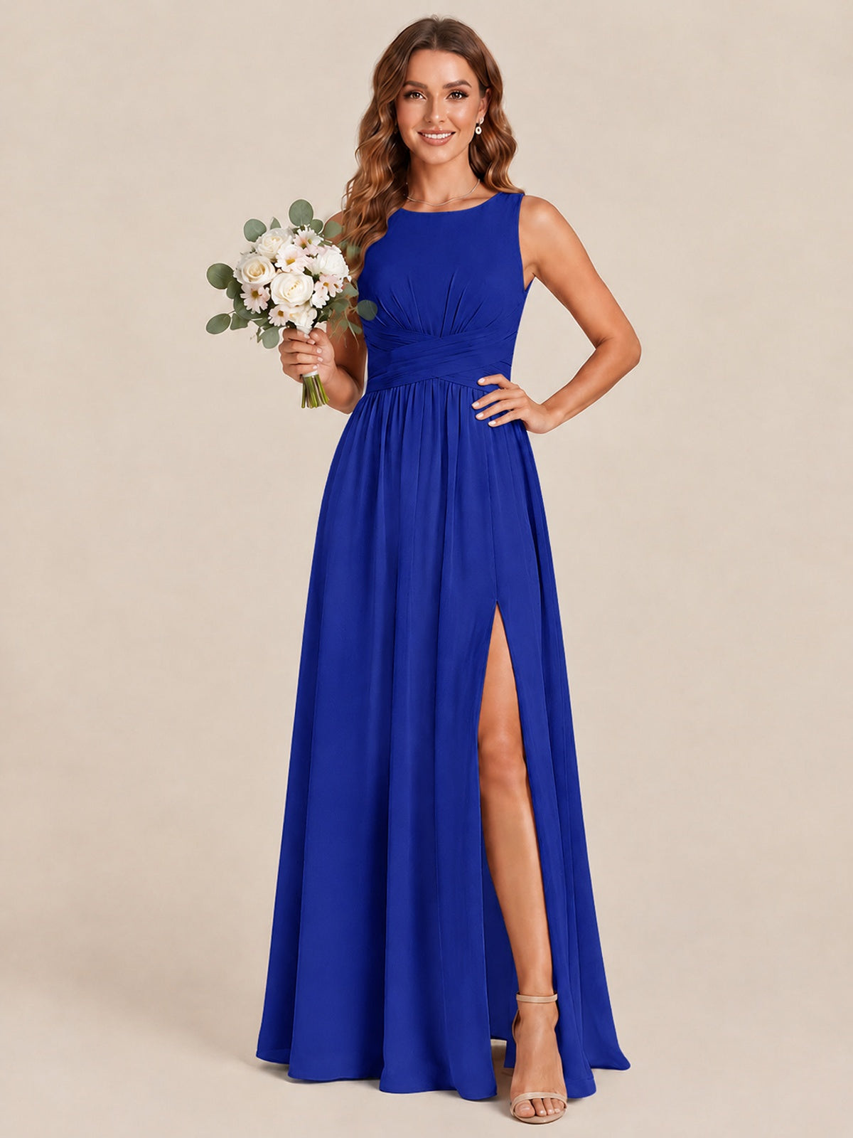 A-line Sleeveless Rucehd Chiffon Bridesmaid Dress with High Slit