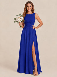 A-line Sleeveless Rucehd Chiffon Bridesmaid Dress with High Slit