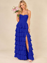 Ruffled Tiered Chiffon Prom Dress Spaghetti Straps Formal Maxi Dress with Slit