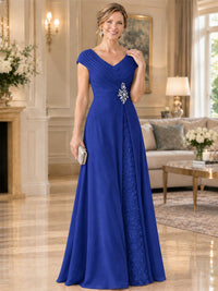 Pleated Chiffon Lace Mother of The Bride Dresses with Beading Cap Sleeves