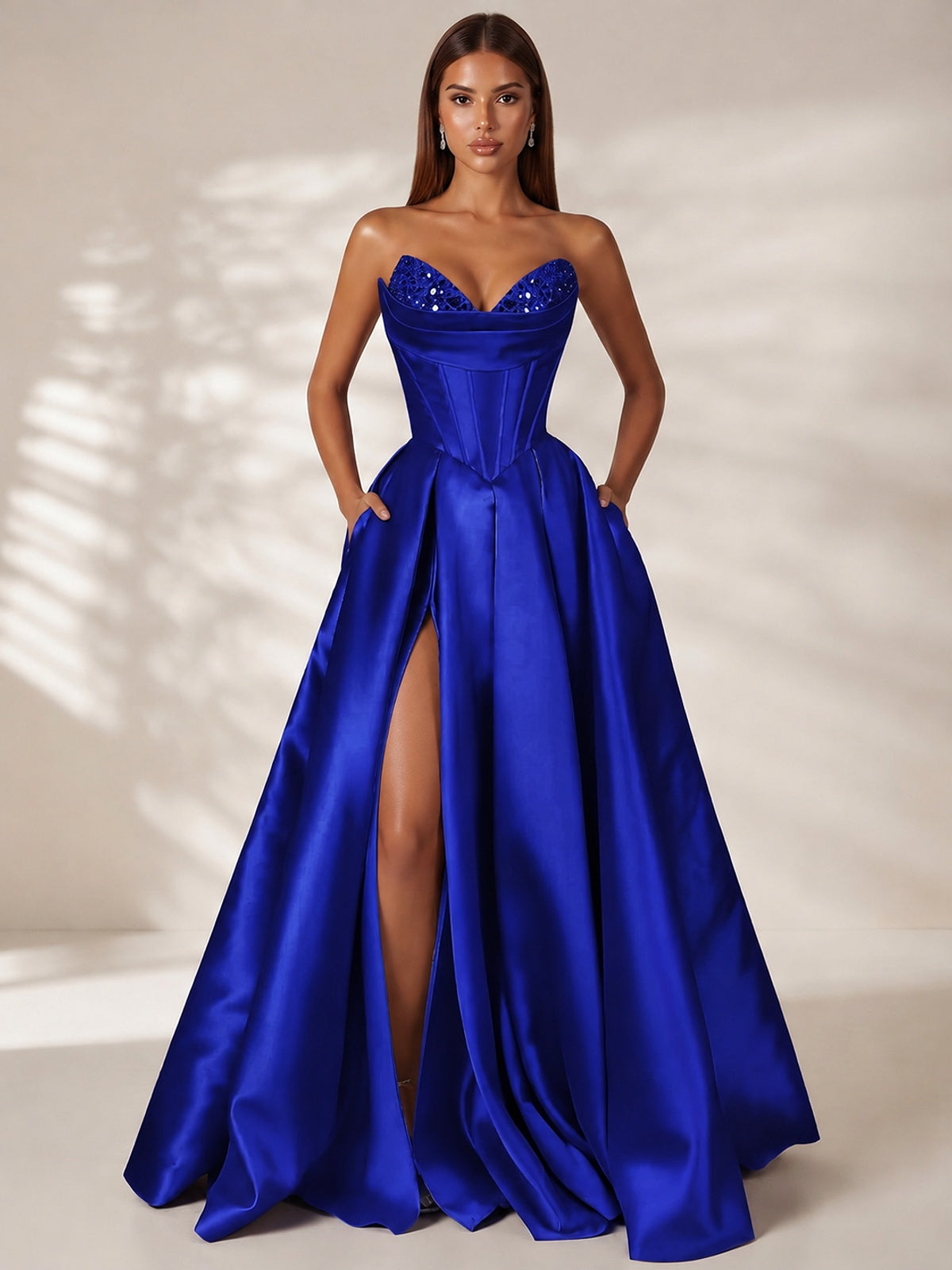 Royal Blue Strapless Corset Satin Prom Dress Long Evening Gown with High Slit