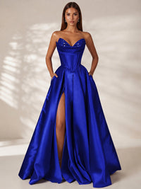 Royal Blue Strapless Corset Satin Prom Dress Long Evening Gown with High Slit