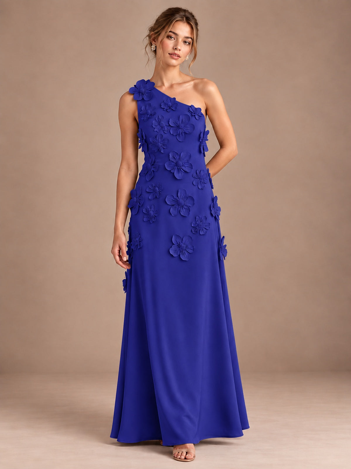 Royal Blue- One Shoulder Satin Formal Maxi Dress with 3D Floral