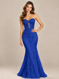 Strapless Corset Mermaid Prom Dress with Floral Lace Appliqué