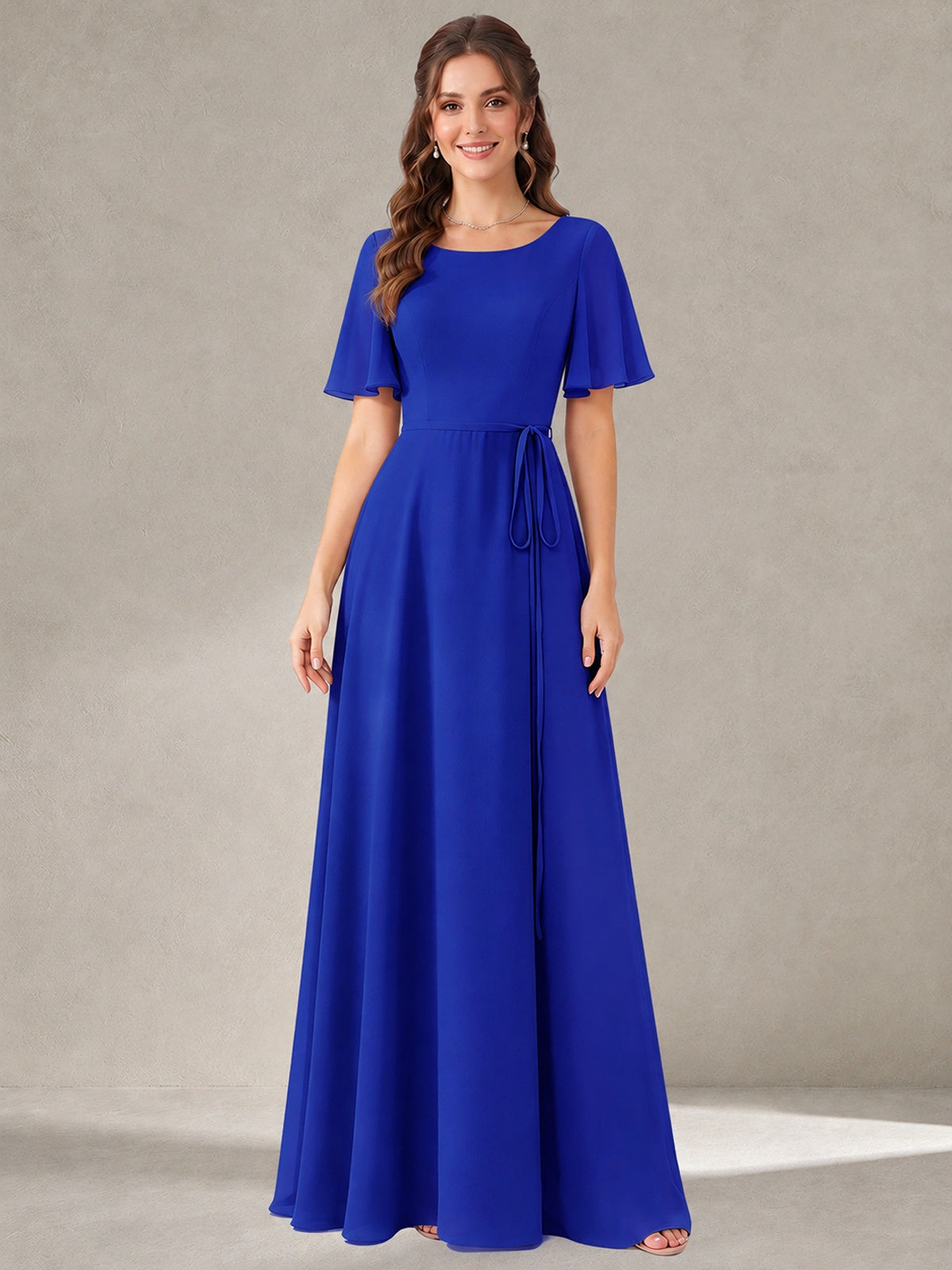 Royal Blue Scoop Neck A-line Chiffon Bridesmaid Dress with Belt Flutter Sleeve Formal Wedding Guest Dress Evening Gown