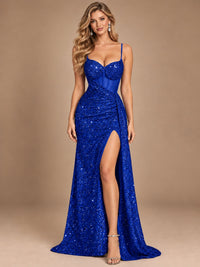 Burgundy Sequin Corset Prom Dress with High Slit