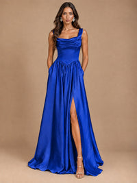 Cowl Neck Pleated Satin Prom Dress with Pockets & Slit Maxi Formal Gowns