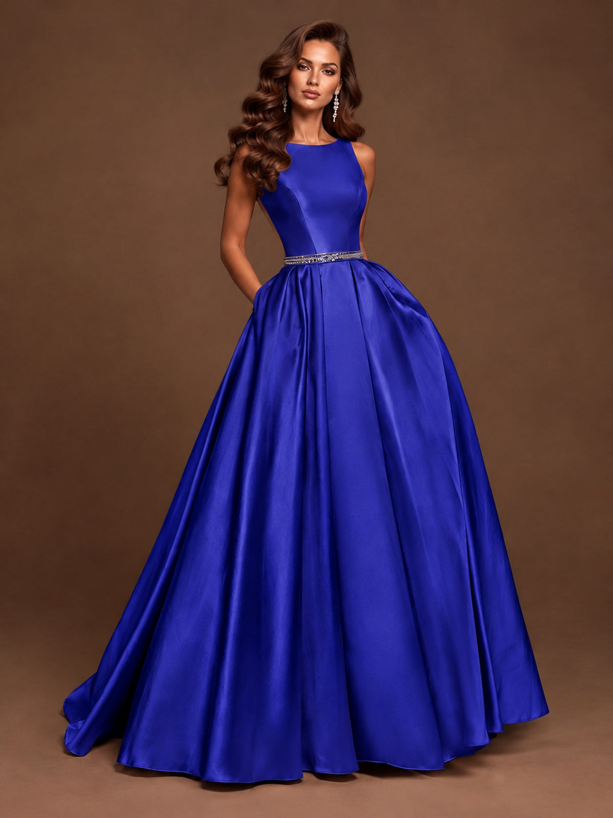Satin A-Line Prom Dress Sleeveless Beaded Waist Formal Gown with Pockets