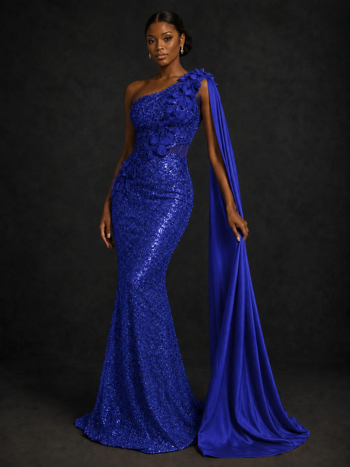 Gold Sequin One Shoulder Mermaid Prom Dress with Cape