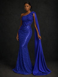 Gold Sequin One Shoulder Mermaid Prom Dress with Cape