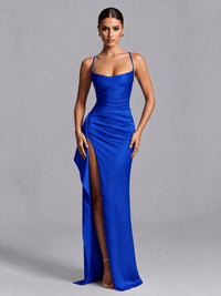 Royal Blue Squre Neck Pleated Satin Prom Dresses for Teens Women Long Evening Formal Gown with Slit Ruffles