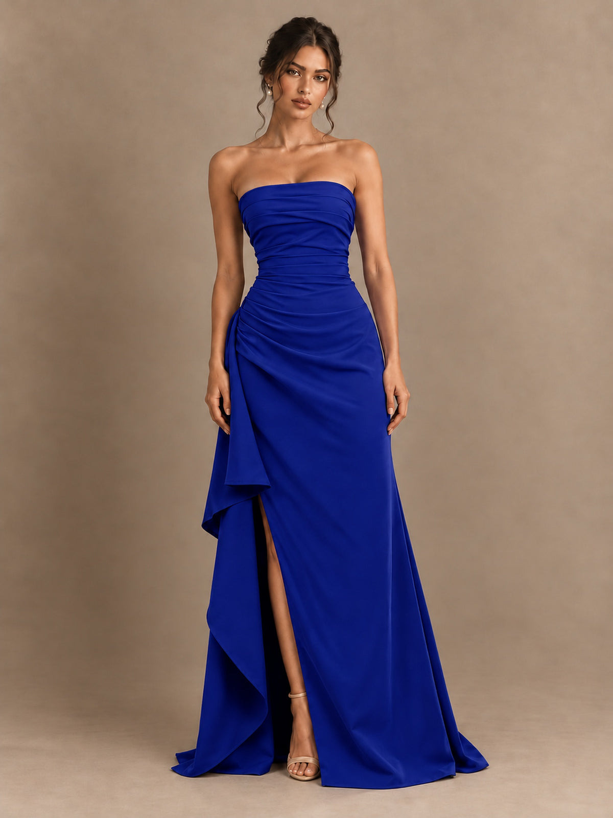 Black and White Strapless Ruched Prom Dress with High Slit & Side Drape