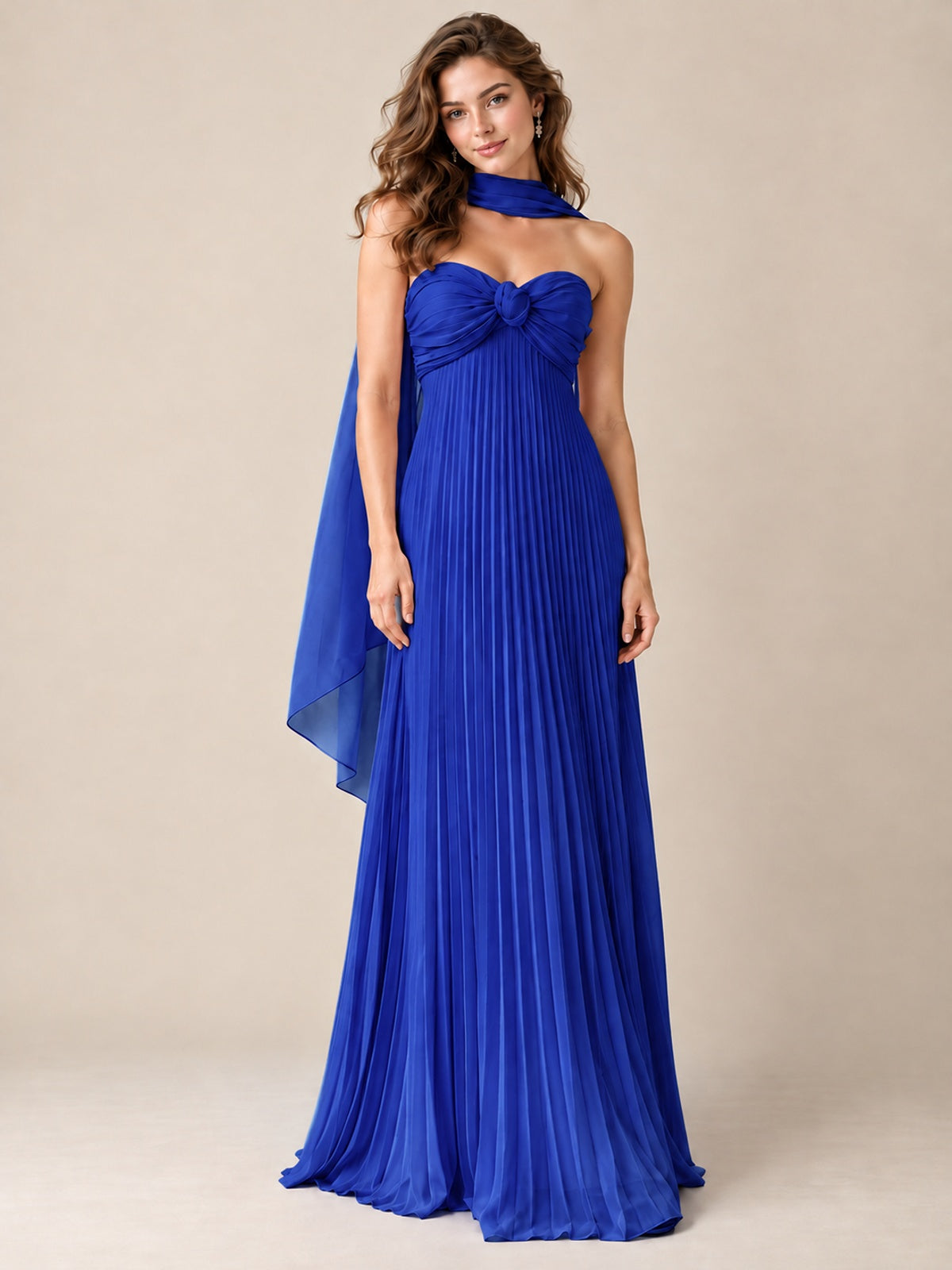 Sweetheart Neckline Pleated Prom Dress Strapless A-line Formal Dress with Flowy Scarf