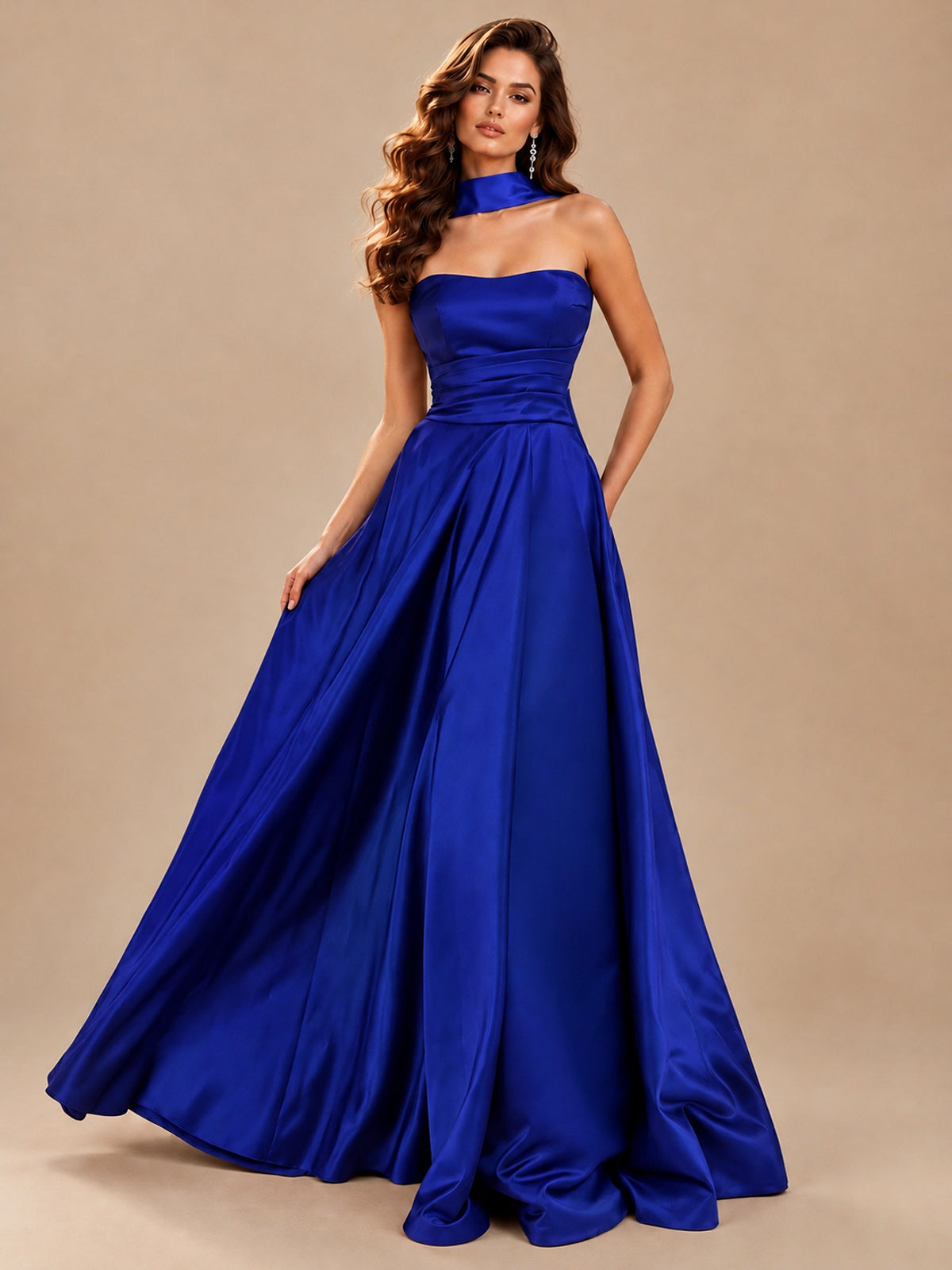 Strapless Prom Dress Side High Slit A-line Formal Dress with Scarf