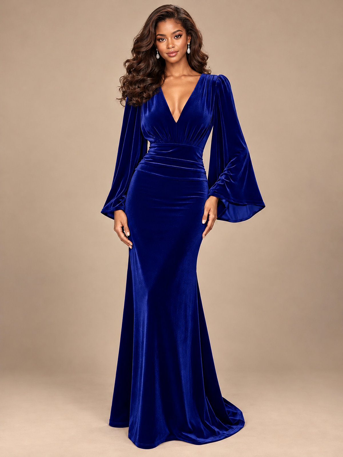 Burgundy Velvet Deep V-Neck Ruched Long Sleeve Maxi Dress