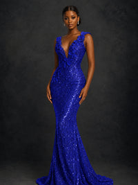 Gold Sequin Floral Applique Mermaid Prom Dress