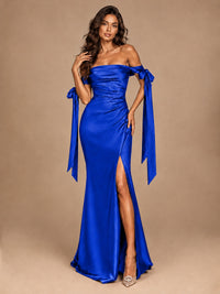 Off The Shuolder Satin Prom Dress Slit Mermaid Formal Gowns