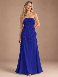 Royal Blue-Strapless 3D Floral A-line Satin Prom Maxi Dress Formal Evening Gown
