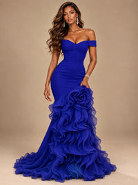 Dusty Blue Off-the-Shoulder Mermaid Prom Dress with 3D Rose & Ruffles
