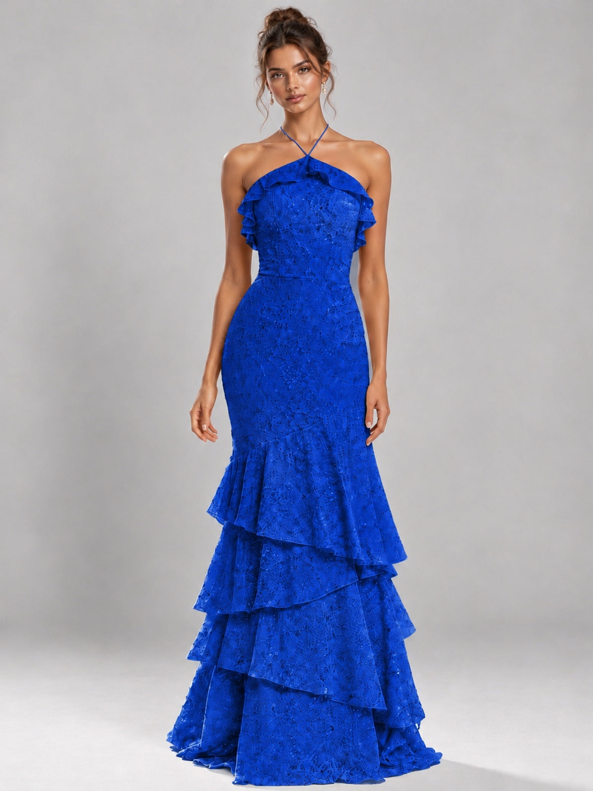 Halter Tiered Mermaid Prom Dress with Sparkly Lace
