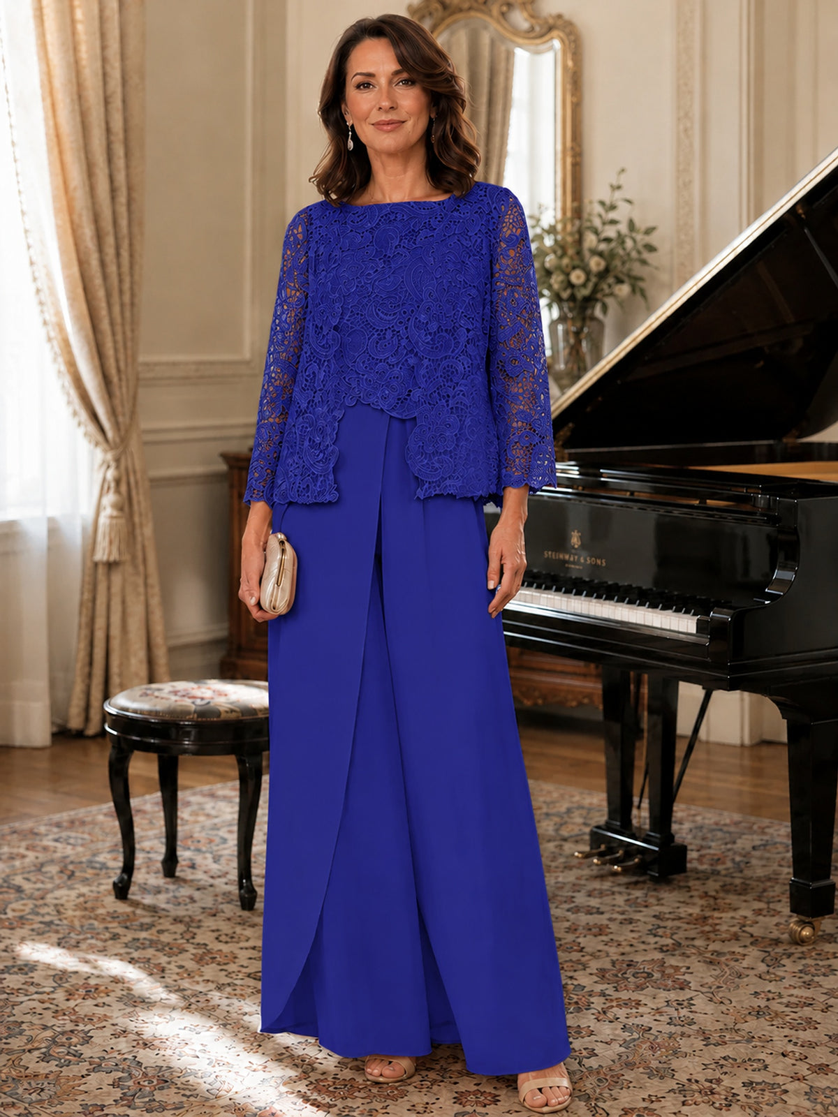 Elegant 3-Piece Chiffon Mother of the Bride Pantsuit with Floral Applique Jacket