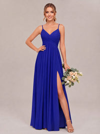 Royal Blue Spaghetti Straps Pleated Chiffon Bridesmaid Dress with Slit V-Neck A-line Long Formal Evening Wedding Guest Gown
