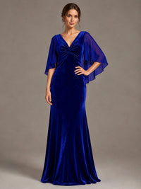 Navy Blue Velvet V Neck Mermaid Formal Dress with Flutter Cape Sleeves