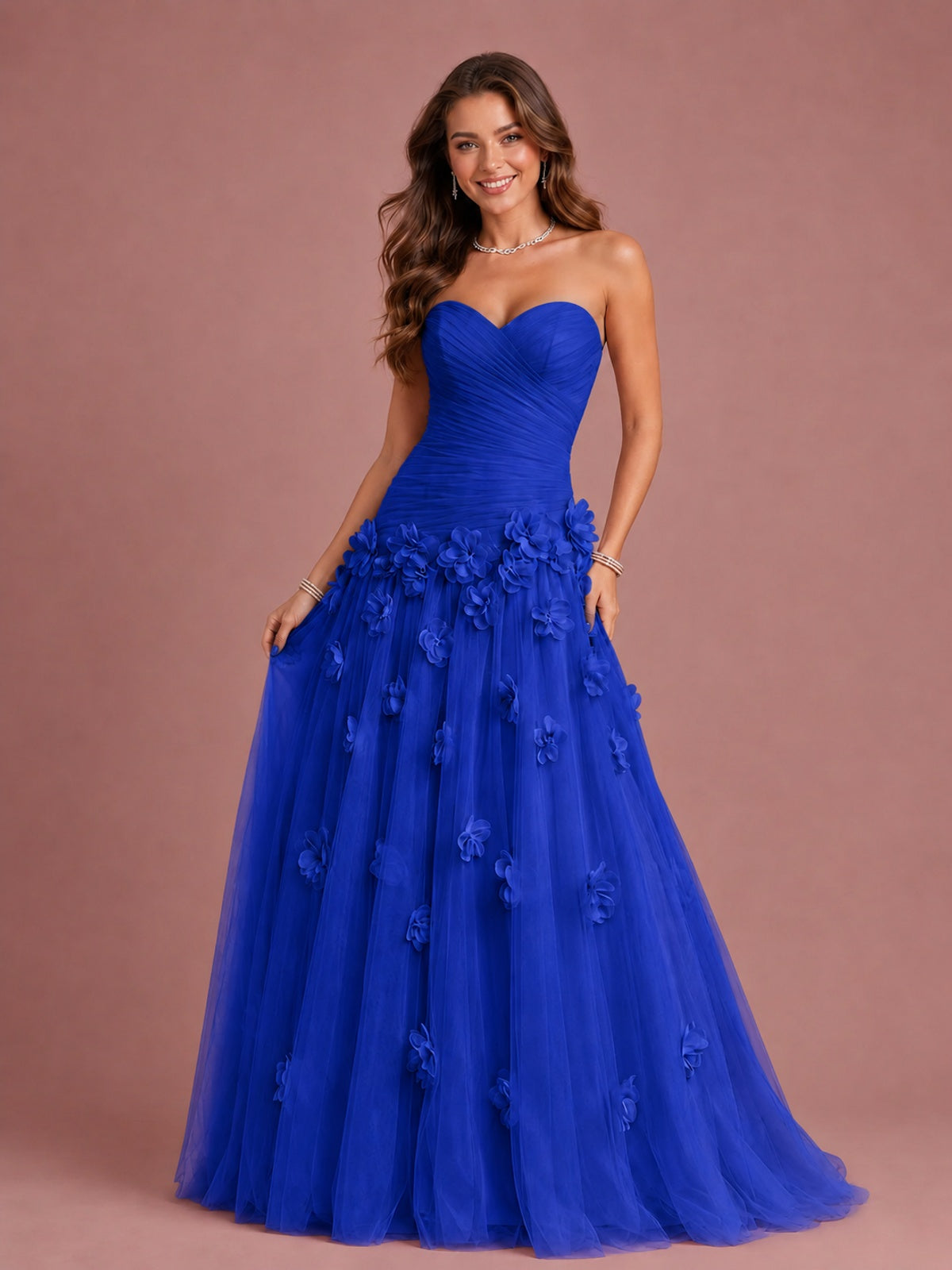Blush Pink Strapless Sweetheart 3D Floral Tulle Ball Gown Prom Dres