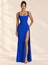 Square Neck Satin Sleeveless Ruched Prom Dress with High Slit