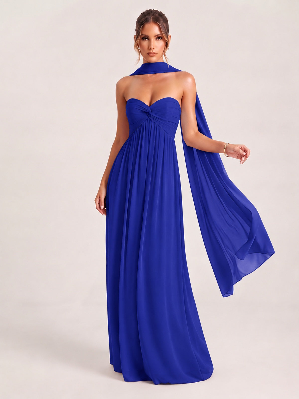 Royal Blue Strapless Ruched Chiffon Long Prom Dress with Scarf A-line Sweetheart Ruffled Formal Wedding Guest Dress Evening Gown