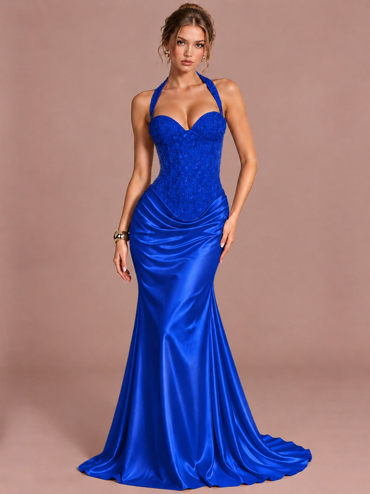 Royal Blue Sparkling Halter Corset Satin Mermaid Prom Dress Long Ruched Sequin Formal Gown Evening Party Dress