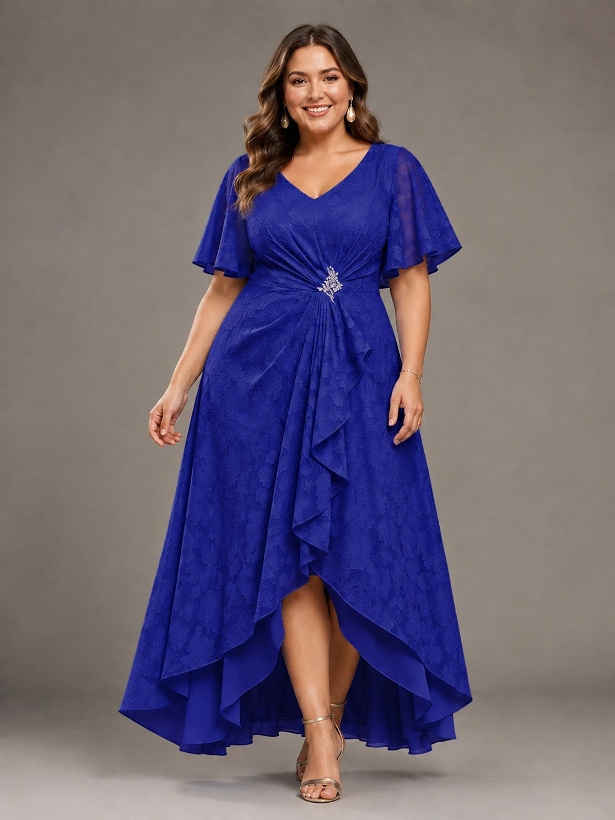 Jacquard Chiffon A-Line V-Neck High-Low Mother of the Bride Dress