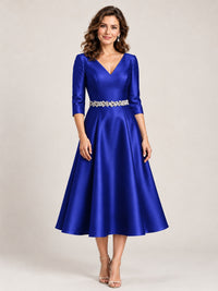 Royal Blue V-Neck Tea-Length Mother of the Bride Dress with Embellished Waist