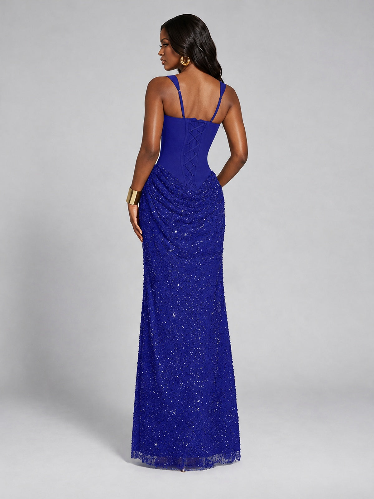 Sequin Corset Mermaid Prom Dress with Square Neck Wide Strap High Slit
