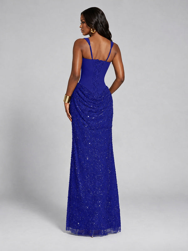 Sequin Corset Mermaid Prom Dress with Square Neck Wide Strap High Slit