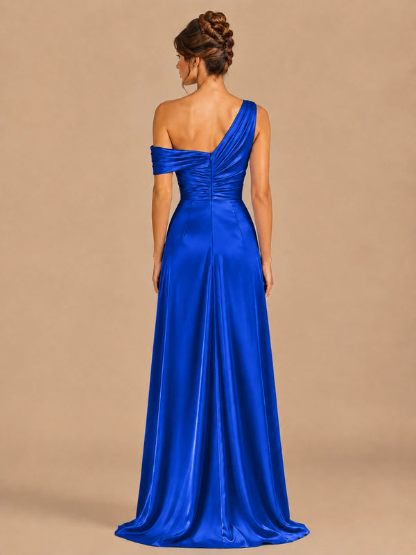 Satin One Shoulder Prom Dress Ruched Long Formal Evening Gown