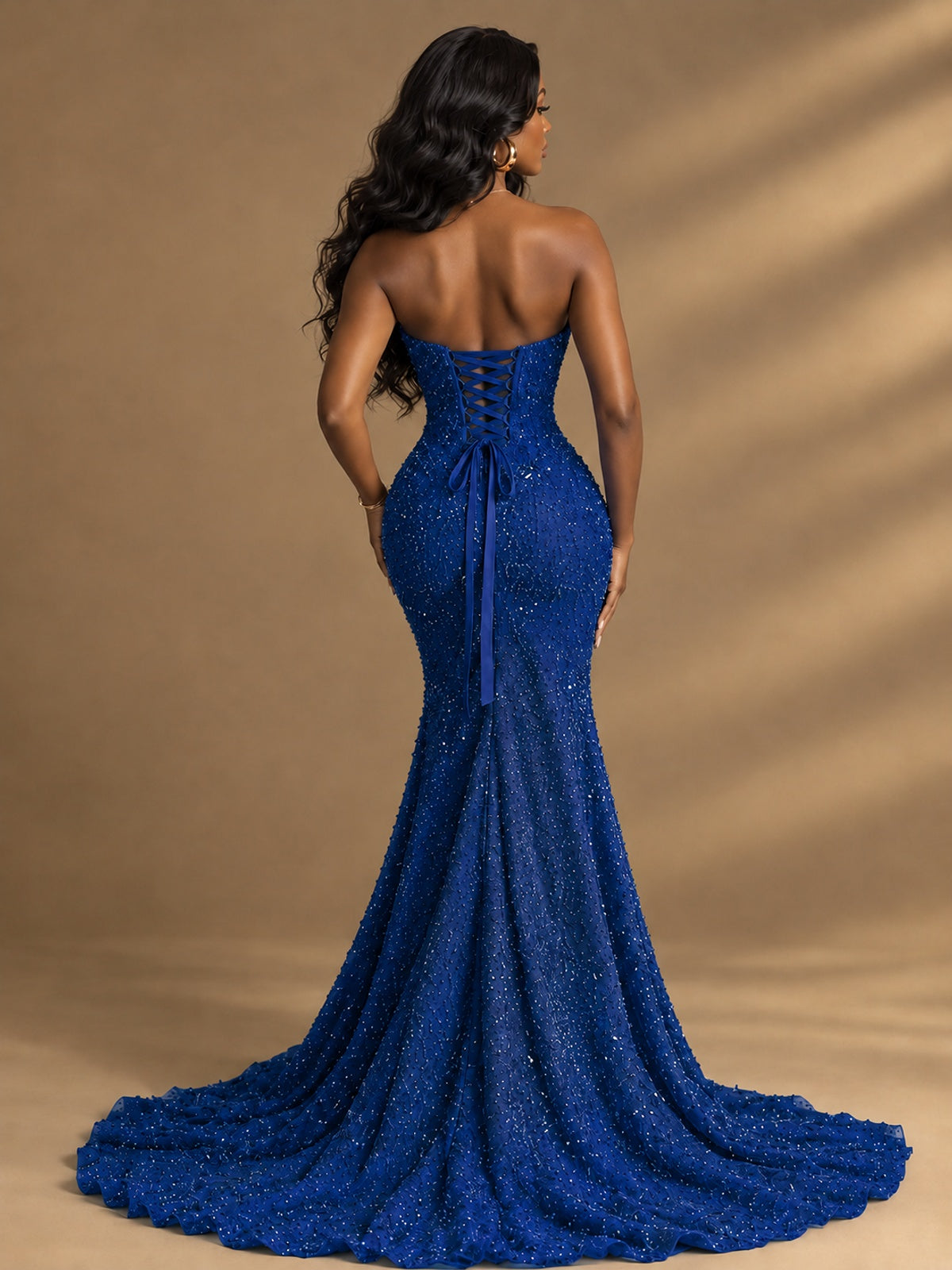 Beaded Sequin Prom Dress Strapless Formal Gowns with High Slit Train