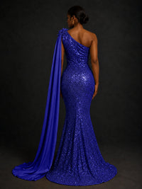 Gold Sequin One Shoulder Mermaid Prom Dress with Cape