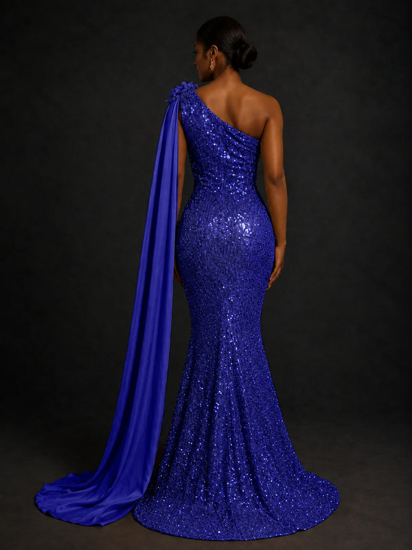 Sequin One Shoulder Mermaid Prom Dress with Cape