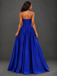 Draped Satin Prom Dress Strapless A-line Formal Dress Floor Length